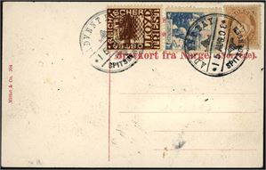 74,Spitsbergen E 19. 2 øre posthorn på postkort sammen med en liten blå "Österreichischer Lloyd"-etikett og en brun etikett fra samme firma, stemplet "Advent Bay Spitzbergen 15 Aug. 08". Kortet er ikke sendt.