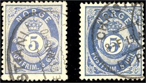 24 II. To 5 øre skravert Posthorn, begge anert med "Christiania Bypost", hhv. Det ovale og det runde.