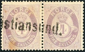 19 II. 4 skilling Posthorn i horisontalt par, anert med privat linjestempel fra dampskip "Christiansund".