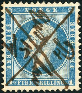 4. 4 skilling Oscar, med håndskrevet dampskibsanering "Pr Gustav 15/7" (Prinds Gustav) samt blekkryss. Luksus.