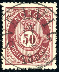30. 50 øre skravert Posthorn, rettvendt fullstemplet "Svelvig 14.12.1885". Litt uryddig i taggingen.