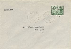 Kronet Posthorn PRESTERØD (VF / 7) på trykksakbrev frankert med NK 360, sidest. Tønsberg IIA -3.12.47