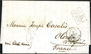 DWI. A complete letter, from Cuba to France in 1858 with "GB 1F60c" and "Angl. Calais" postmark at front together with a light "8" (centimes). At reverse "Havana Jy 10 1858", "London BP Au 2 58" and four French postmarks.