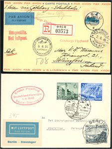 Norway. One envelope and one card sent Air Mail in 1938 and 31, one German sent to Norway 1940. Also one Nordcap-envelope sent to France in 1898 with faults.
