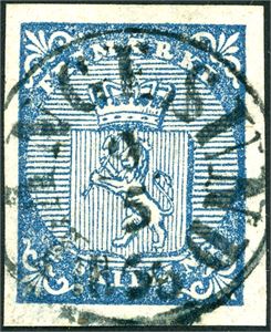 1. 4 skilling våpen 1855, nær rettvendt stemplet "Langesund 9.5.1858". Gode- til normale marger.