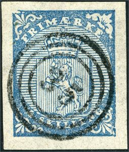 1. 4 skilling våpen 1855 variant "Oppgravert hjørne" (D 34). Et vakkert og bredrandet merke, anert med nummerstempel "35" (Brevig, TE).