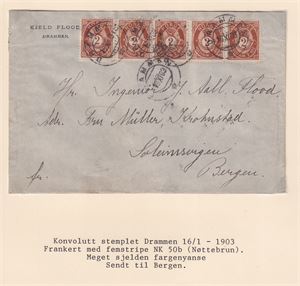 NK 50 b, Brev med 5-stripe NK50 b (Nøttebrun) st. Drammen 16/1-1903