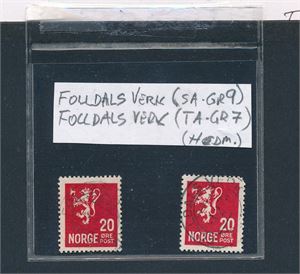 HEDMARK 2 forskjellige stempler "FOLLDALS VERK" (Type SA, grad 9 og TA, grad 7). Et manglende hjørne