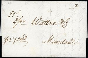 Trippelvektig brev, datert "Østerrisøer den 20de Novb 1827" og sendt til Mandal. Påskrevet "Frco Xsand" i nedre venstre hjørne. Restporto 12 skilling (4sk * 3) er påført baksiden.