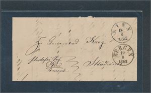 SOGN OG FJORDANE Portofritt brev stemplet "KINN 14-3-1862" til Skudesnæs. Transittstempel "BERGEN 19-3-1862"