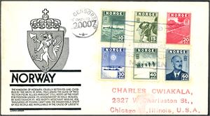 333/38. Londonmerkene på dekorativ konvolutt, stemplet "Norsk skipspost Marinen 28 jan 1945 - 092", og sendt til U.S.A. Amerikansk sensurstempel "U.S. Censorship Examed 20007" på forsiden, og transittstempel "Raykjavik 31.1.45" på baksiden.