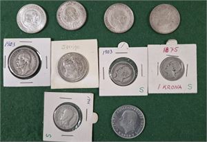 SVERIGE lot 6 st 2kr 80%, 1 kr 80%, 2 st 1kr 40% samt 5kr 1959. Total ren silvervikt cirka 90 gr.