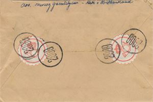 Oblatstempel  ASK I NORDHORDLAND (HO), stemplet SL 29 XII 42 på bankobrev til Ytre Arna frankert med NK 252. Baksiden med to små røde postoblater og klare avtrykk av oblatstempel nr. 2909 i sort farge.