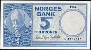 5 kroner 1962, serie K.4728245. 0