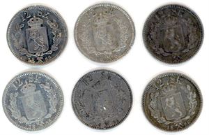 Seks stk 12 skillinger. Hhv. 1853, 1854 og 2 stk av 1855 og 1856. VK