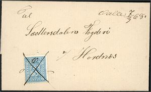 14. 4 skill 4 på brevomslag, annullert med blekkryss samt bokstaven "V", og ved siden håndskrevet "Valle 7/3 68".