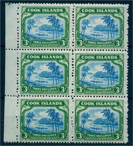 Br. Kolonier COOK ISLANDS. Nr 69 **  1944. 3 sh. grøn/blå 6-blok. (€120)