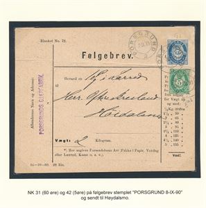Nk 31 og 42 på følgebrev stemplet "PORSGRUND 8 IX 90" til Høydalsmo