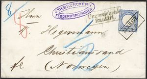 20. Deutsche Reich. 2 gr on entire to Christianssand, Norway, cancelled "Berhave 18.6". "Unzureichend frankiert" postmark at side. Shippostmark "Hmrfst b. Hmbrg 22.6.1873" at reverse.