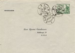 Kronet Posthorn VALJOK (FM / 8) Bra avtrykk på trykksakbrev frankert med NK 360, sidest. Karasjok SA 20.12.47