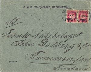 NK 68, plate I, Brev med logo sendt til Finland, stemplet "Christiania" 20-05-1897. 20 øres porto.