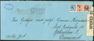 DWI. 80 BIT postage to Denmark. 15-, 25- and 40 BIT on a large envelope St. Croix, sendt registered to Copenhagen, cancelled "Frederiksted". A white strip from the censorship at the right side. Four "New York" postmarks and arrival cds "Kjøbenhavn 25.2.17" at reverse. A vertical crease do not affect the stamps.