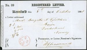 Egypt. "Registered letter receipt" for letter sent to Norway with the small "Alexandria Oc 6 58" cds in red from the British Post Office. A rare and early Post Office stationary.