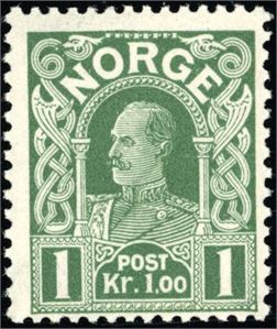 110 IIa. 1 kr Haakon i blålig grønn nyanse på hvitt papir. Signert FCM. (6.000,-).