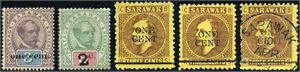 Br. Kolonier SARAWAK 23-27. 6 stamps incl. 27a "stop after Three" (£ 65)