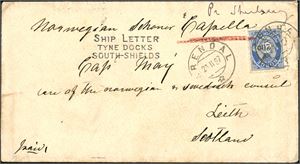 69. 20 øre grovtagget Knudsen på konvolutt til Scotland, stemplet "Arendal 20.2.97". Ved siden påskriften "pr. Capella" og linjestempel "Ship Letter Tyne Docks South-Shields". Baksiden med stempler fra "Newcastle" og South Shields Fe 22 97".