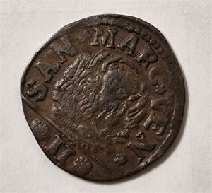 REPUBLIK VENEDIG 2 soldi kopparmynt präglad för besittningen i DALMATIEN (1684-1691). Kantskada