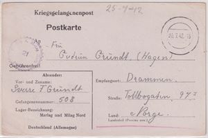 Krig, Krigsfangepost st. 20.7.42 (Milag)  sendt til Drammen (Gudrun Grundt)
