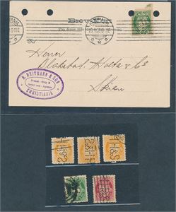 PERFINS "H.H.& S" lot 5 forskjellige + brevkort med flott gjennomhulling og firmastempel. Frimerket ødelagt av arkivhull