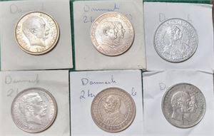 DANMARK lot sex 2 kr. jubileums silvermynt