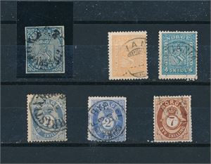 ex Nk 1-21 o. 6 merker i blandet kvalitet. Nr 1 har 4 snaue marger, Nk 12 har toringsstempel og et 2sk posthorn er omtagget