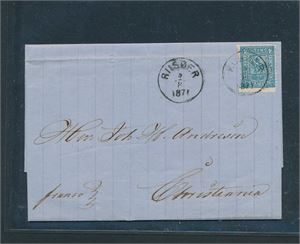 Brev med Nk 14 stemplet "RIISØER 3-8-1871". Frimerket defekt