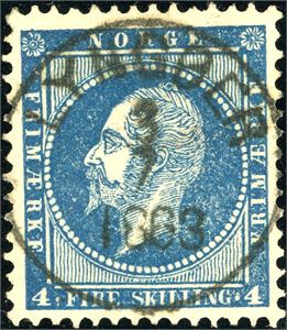 4. 4 skilling Oscar, rettvendt fullstemplet "Lyngøer 3.7.1863".