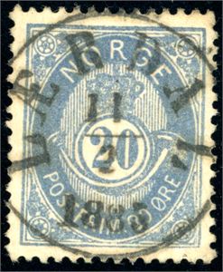 40. 20 øre blå 1883, fullstemplet "Lærdal 11.2.1885".