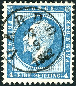 4 b. 4 skilling Oscar, fullstemplet med det lille "Vardø 22.9.1862" (FI, 6 pkt). Uttalelse Aune.
