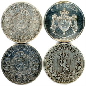 Åtte stk 2 kroner: 1878, 1890, 1907 Jubileum, 1910, 13, 2 stk 1914 (Mor Norge) og en 1917. VK