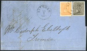 11,12. 3 skillings innenlandsporto. 1 skill 1 og 2 skill 2 på brevomslag til Tromsø, stemplet "Riisøer 28.5.1872".