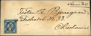 4. 4 skilling Oscar på konvolutt, annulert med blekkryss, og ved siden håndskrevet "Skarnæs 12/12 63". Konvolutten med en brun flekk etter avsmitting fra seglet.