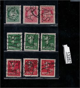 PERFINS A.S Lot 9 merker (Nk 99. 100, 141 og 145) med forskjellige stillinger + 2 pene brev