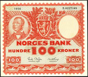 100 kroner 1956, serie Z.0227348. Erstatningsseddel. 1