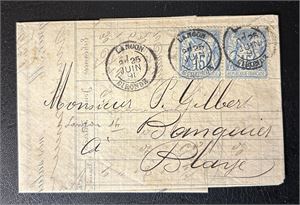 FRANKRIKE Brettet kvittering stemplet "LANGON 1891"