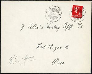 246. 20 øre Løve på konvolutt, annullert med hjelpestempel "Mesna 22.2.41".
