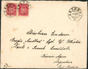 68. 20 øres porto til Argentina. 10 øre grovtagget Knudsen i horisontalt par på konvolutt til Buenos Aires, stemplet "Arendal 2.10.97". Stort argentinsk stempel på baksiden.