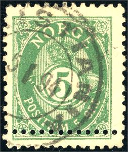 61. 5 øre grovtagget Centraltrykkeriet variant "Dobbelttagget nede", stemplet "Christiania 5.1.94". Signert FCM.