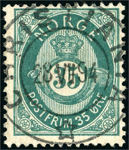29 b. 35 øre skravert Posthorn, rettvendt fullstemplet "Christiania 28.7.94".