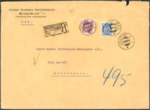 103,104. 20 øre- and 25 øre Posthorn on envelope (14 x 16 cm) from "Store Norske Spitsbergen Kulkompani A/S", cancelled "Advent Bay 14.8.19" and sent as a registered letter to Kristiania. The envelope with some damage at the top. Early mining history.